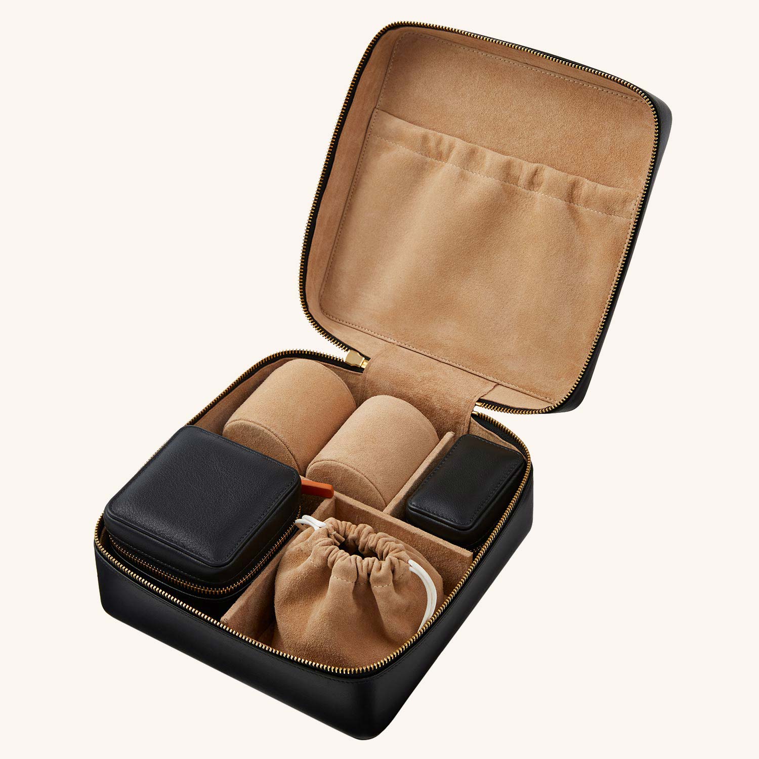 Image of Elizabeth Leather Jewellery Storage Gift Set - Jet & Soft Sand