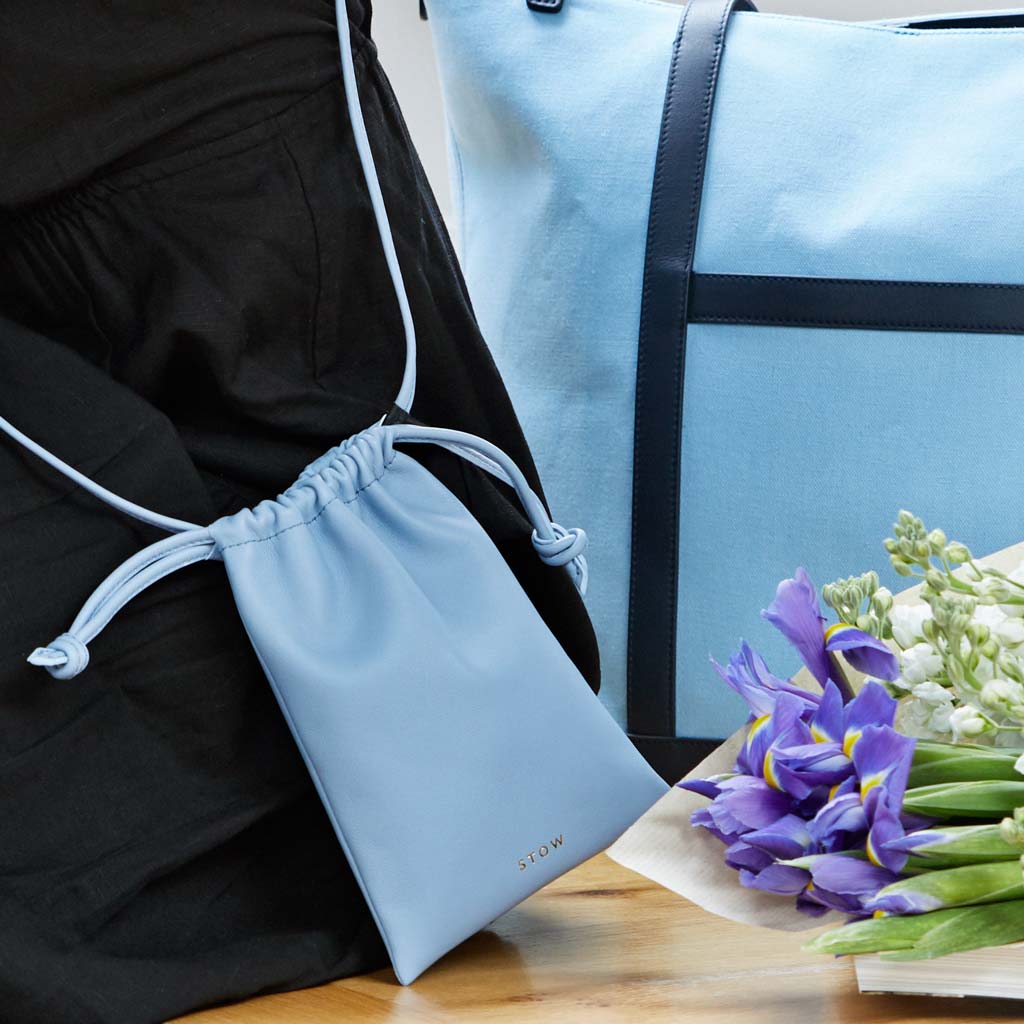 Blue Leather Drawstring Crossbody Bag