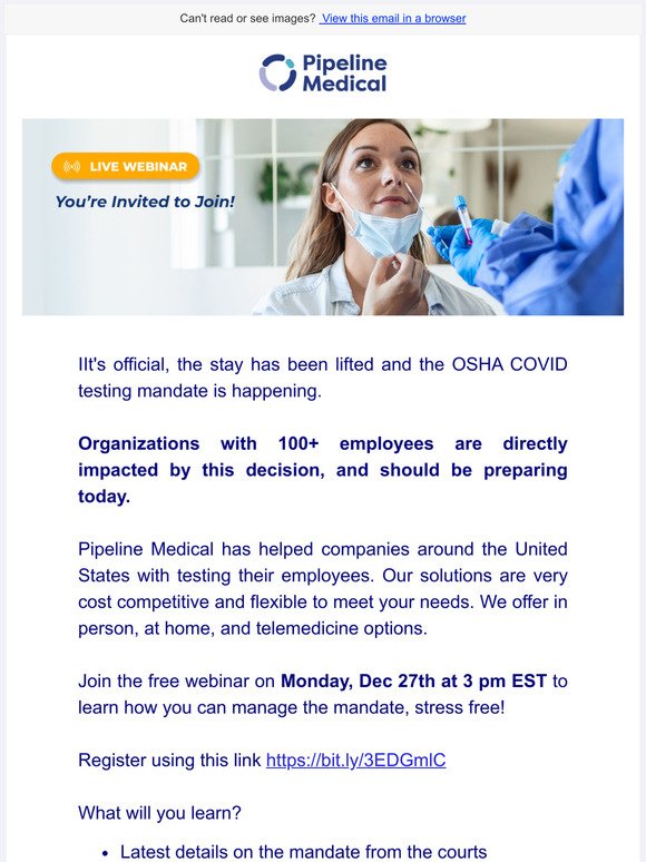 Preparing for the OSHA Mandate: Vaccinate or Test  today at 3pm EST / 12pm PST