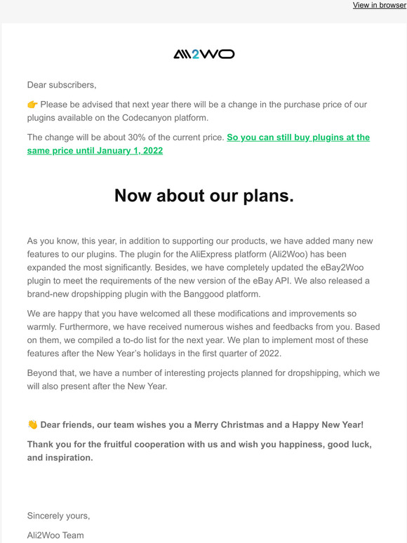  Changes in the price rates of our plugins. New plans for the next year.