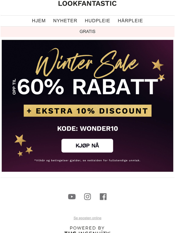 Opptil 60% rabatt + EKSTRA 10 %