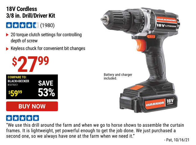 WARRIOR: 18v Cordless 3/8 In. Drill/Driver Kit
