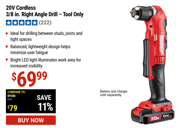 BAUER: 20v Cordless 3/8 In. Right Angle Drill - Tool Only
