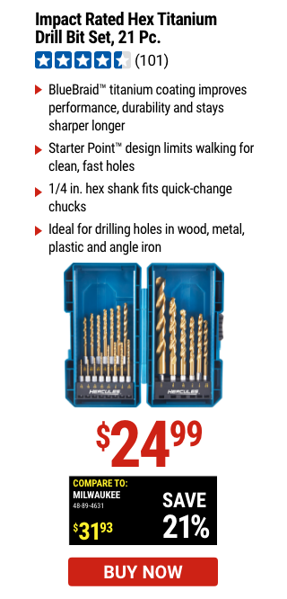 HERCULES: Impact Rated Hex Titanium Drill Bit Set, 21 Piece