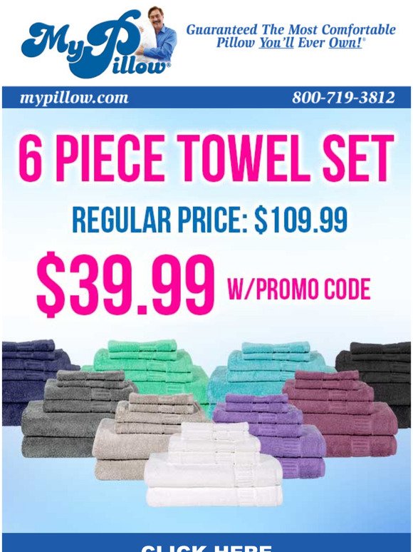 MyPillow - Save up to 63% on Bath Linens! 6-piece towels, individual towels,  bath robes and bath mats, with promo code R103