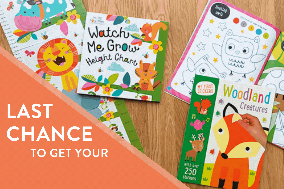 A spread of gift items including a "Watch Me Grow" height chart and "Woodland Creatures" activity book. Text reads "Last Chance to get your free gift!"