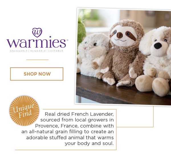 Warmies. Real dried French lavender sourced from local growers in Provence, France, combined with an all-natural grain filling to create an adorable stuffed animal that warms your body and soul. Show now.