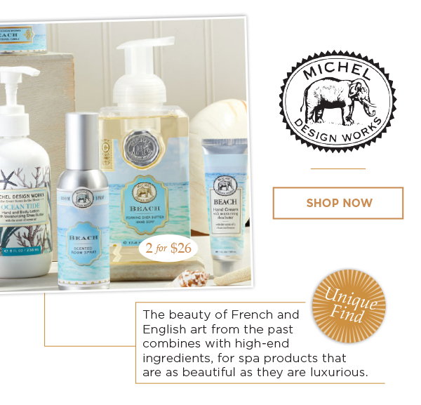 Michel Design Works Soaps. The beauty of French and English art from the past combine with high-end ingredients, for spa products that are beautiful and luxurious. Show now.
