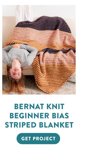 Bernat Knit Beginner Bias Striped Blanket. Get Project.