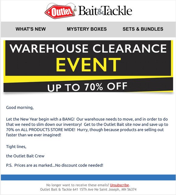 Warehouse Clearance Sale 1/4/2022