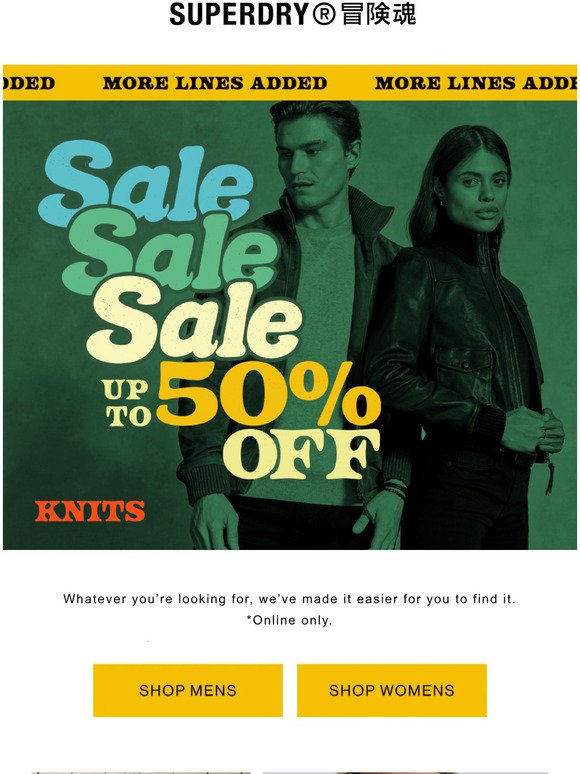 Up to 50% off on jackets, sweats, knit & accessories