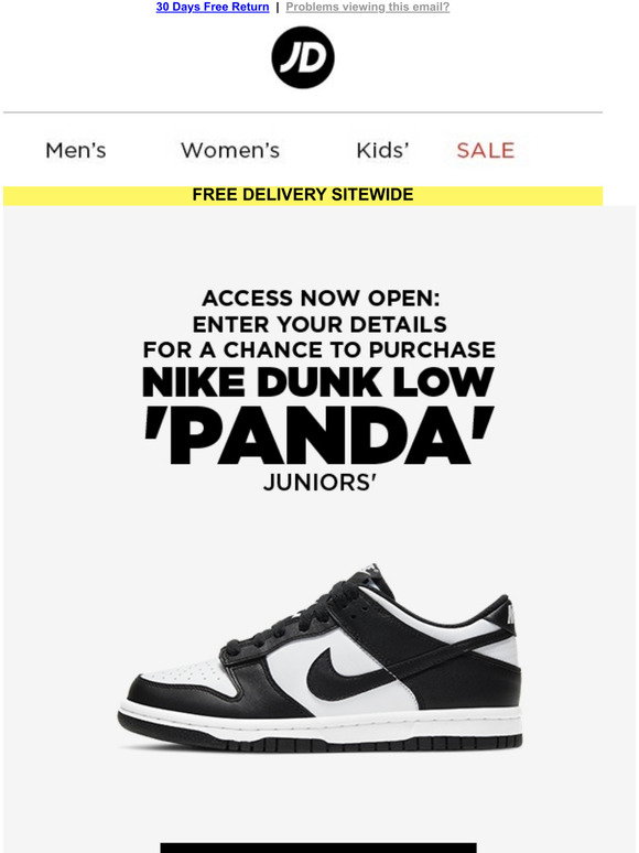 JD Sports (SG) Nike Dunk Low 'Panda' Access Now Open! Milled