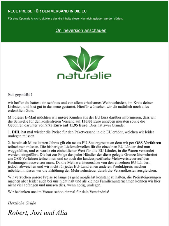 Fr unsere Kunden aus der EU - Informationen zum Versand - naturalie.de