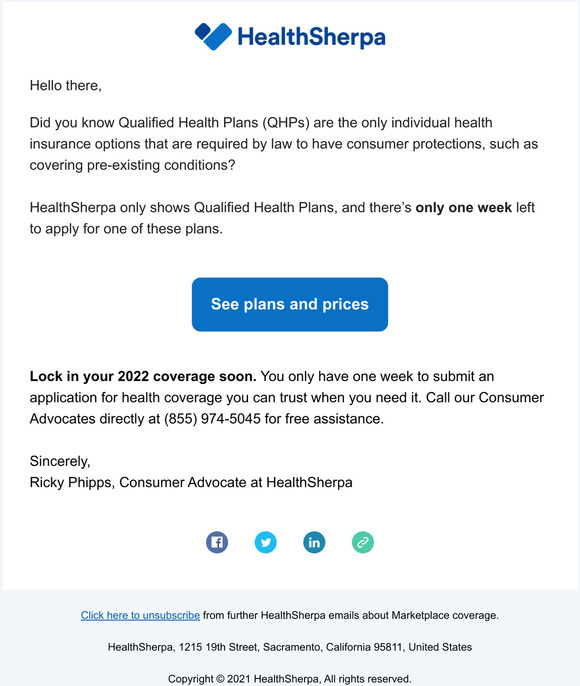 The deadline for getting a Qualified Health Plan is in one week