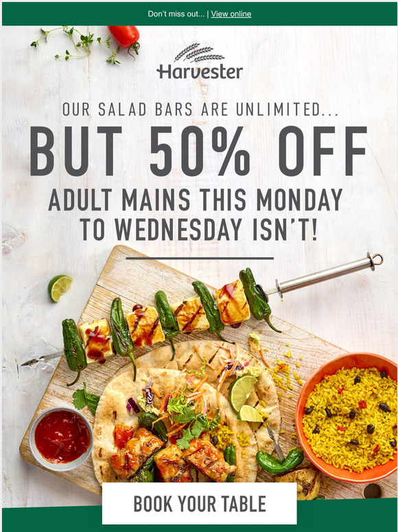 Harvester Table Booking 50 off MondayWednesday Milled