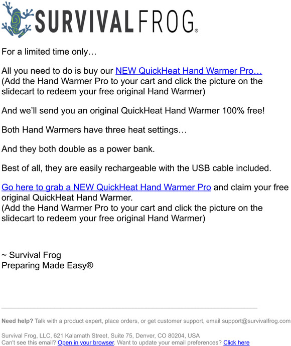 Survival Frog New QuickHeat Hand Warmer Pro Milled