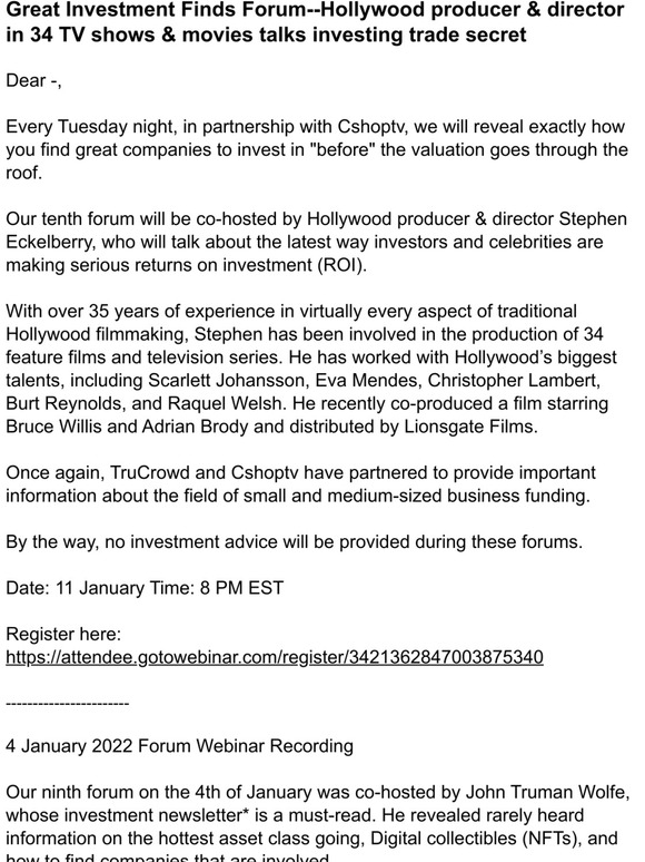 Great Investment Finds Forum--Hollywood producer & director in 34 TV shows & movies talks investing trade secret