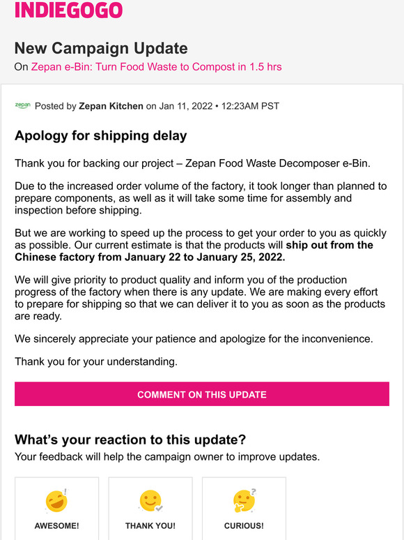 Indiegogo Update 4 from Zepan eBin Turn Food Waste to Compost in 1.