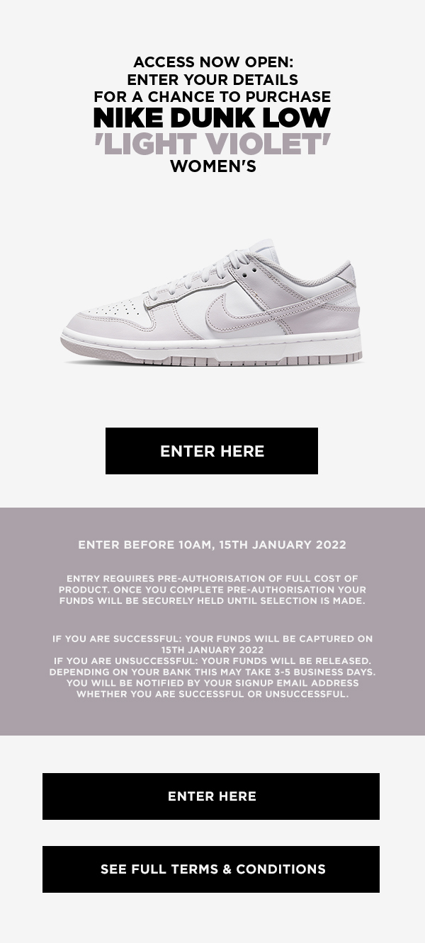 JD Sports (SG): Nike Dunk Low 'Light Violet' Access Now Open! | Milled
