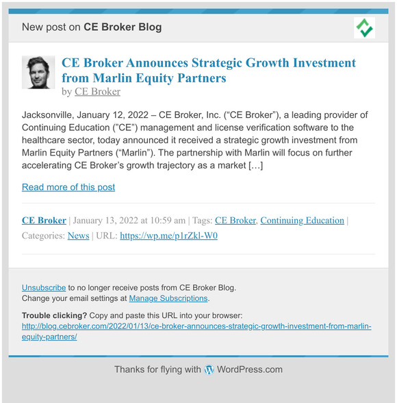 [New post] CE Broker Announces Strategic Growth Investment from Marlin Equity Partners