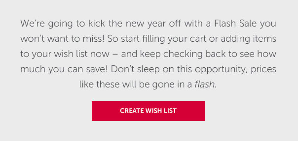 We're going to kick the new year off with a Flash Sale you won't want to miss! So start filling your cart or adding items to your wish list now - and keep checking back to see how much you can save! Don't sleep on this opportunity, prices like these will be gone in a flash. | CREATE WISH LIST >>