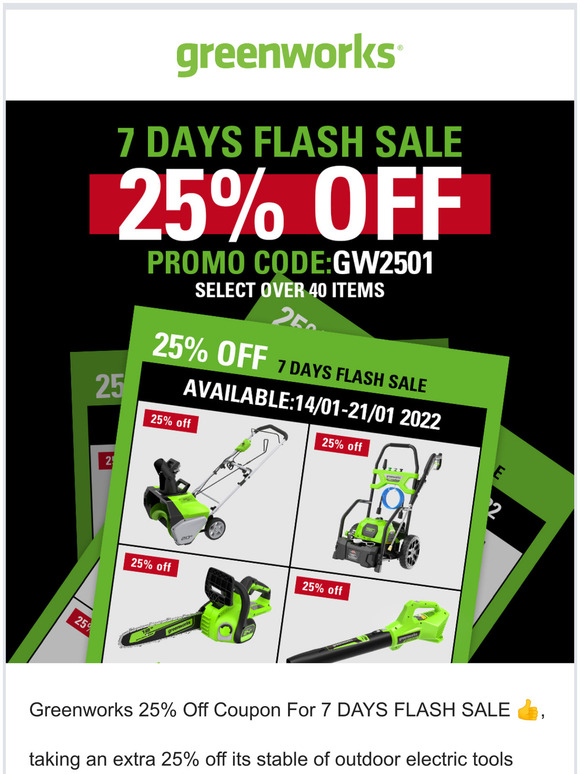 Greenworks 25% Off Coupon For 7 DAYS FLASH SALE