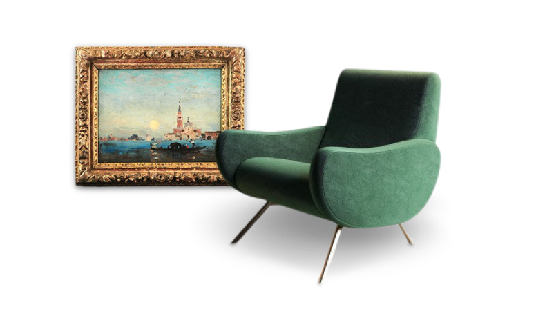 Fauteuil vintage en velours vert et tableau dans un cadre baroque doré
