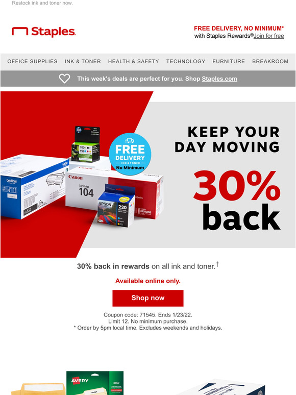 Staples Happy Monday! Get 30 back on ink and toner. Milled