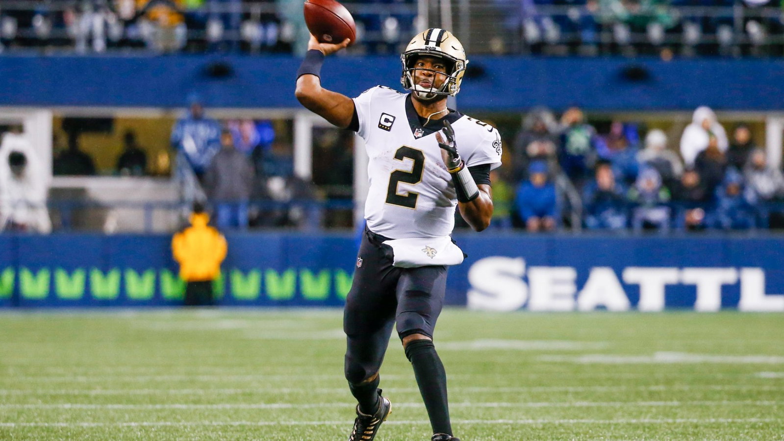 New Orleans Saints quarterback Jameis Winston (2) passes against the Seattle Seahawks during the fourth quarter at Lumen Field.