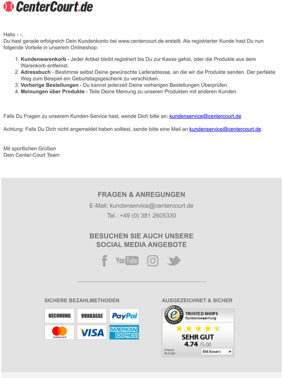 Vielen Dank fr Deine Registrierung im www.centercourt.de Online Shop!