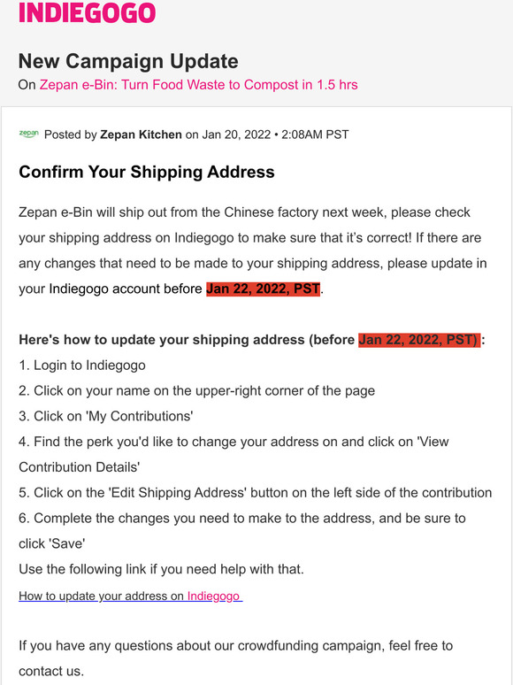 Indiegogo Update 5 from Zepan eBin Turn Food Waste to Compost in 1.