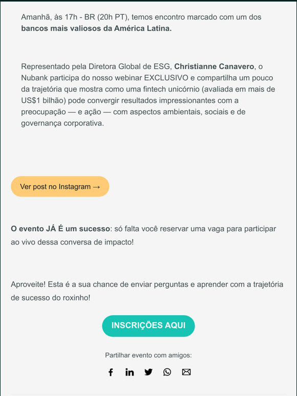  amanh! Garanta sua vaga e conhea a trajetria de ESG do Nubank ao vivo!