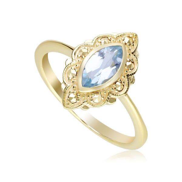 Art Nouveau Inspired Marquise Blue Topaz & Marcasite Ring in 18ct Gold Plated Silver - P