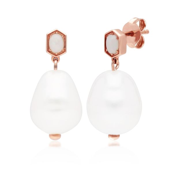 Modern Baroque Pearl & Opal Drop Earrings in Rose Gold Plated Silver