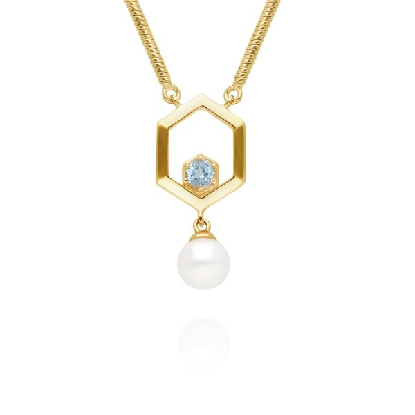 Modern Pearl & Aquamarine Hexagon Drop Necklace in Gold Plated Silver