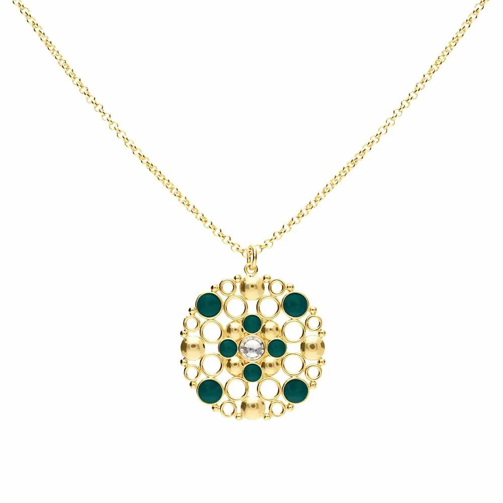 Collana lunga Crystal Bubble in ottone dorato con cristalli e smalto verde