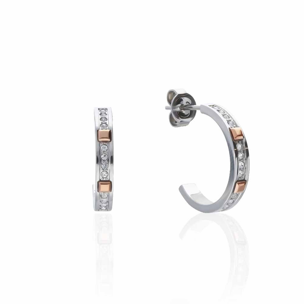 Orecchini Endless in acciaio e strass con dettagli oro rosa