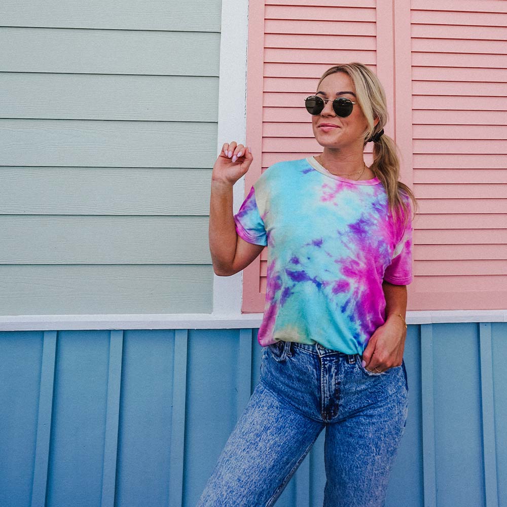 Image of Blue, Pink, and Yellow Tie Dye T-Shirt