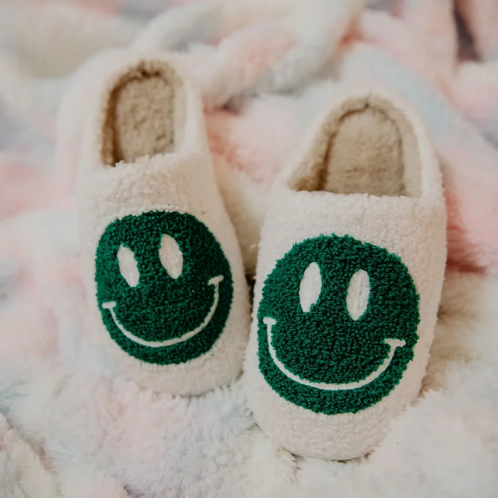Image of Green and White Fuzzy Happy Slippers