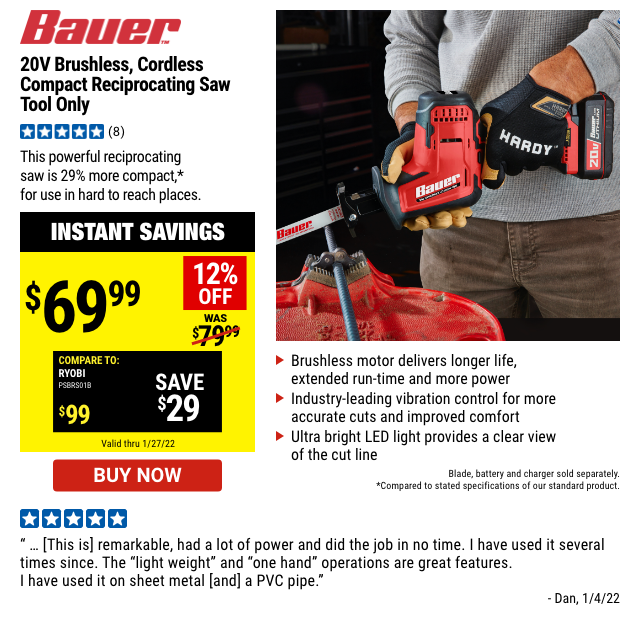 Bauer 20V Cordless Reciprocating Saw - Tool Only