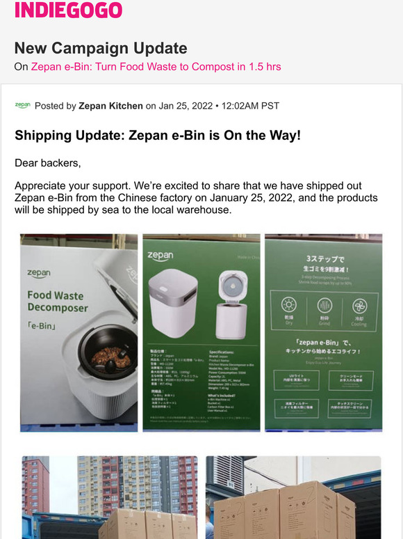 Indiegogo Update 6 from Zepan eBin Turn Food Waste to Compost in 1.