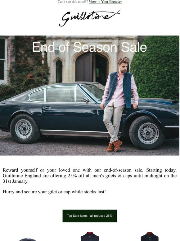 End of Season Sale - 25% off all Mens Gilets & Caps until the end of the month