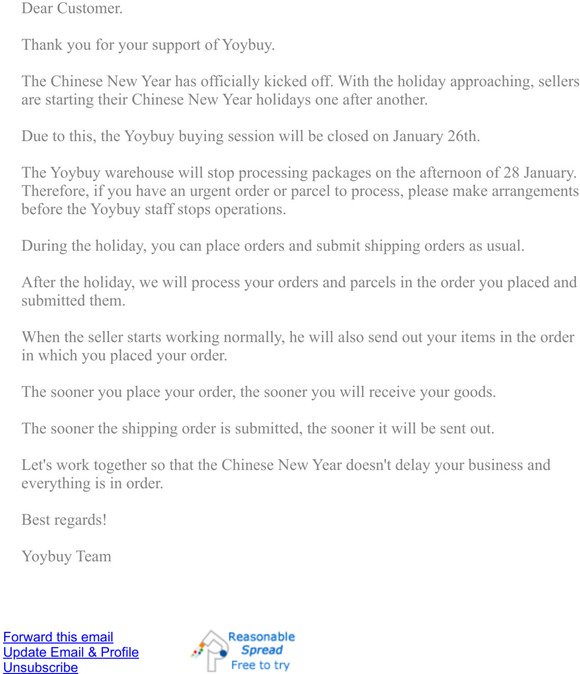 Yoybuy shipping notification reminder