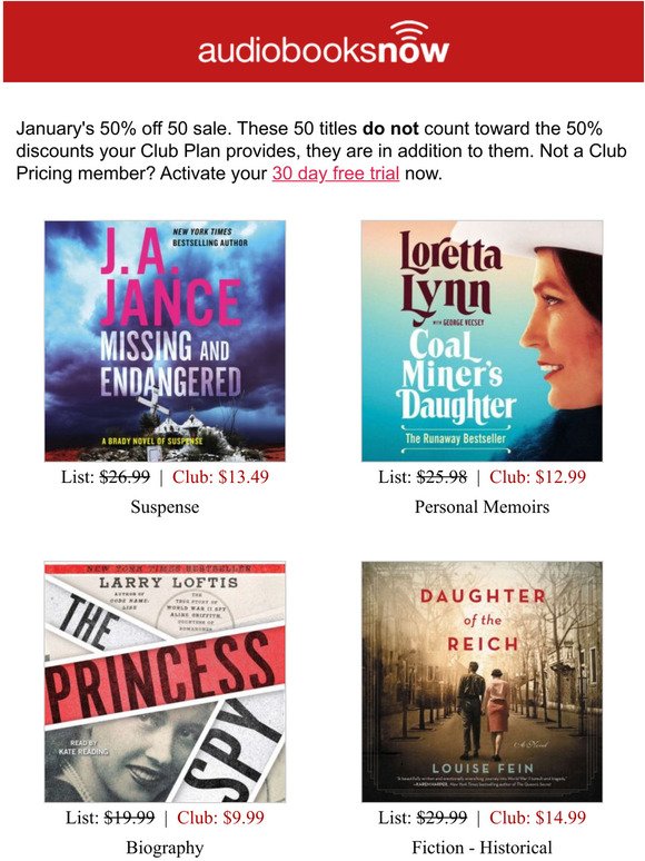 50% Off 50 Audiobooks - January - Ends Soon