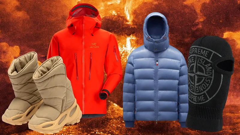 A collage of two jackets, some boots, and a balaclava on a background of a painting depicting the eruption of Mt Vesuvius