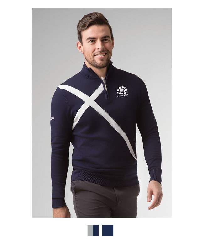 g.SCOTTISH RUGBY SALTIRE SWEATER Scottish Rugby Mens Zip Neck Saltire Cross Cotton Golf Sweater