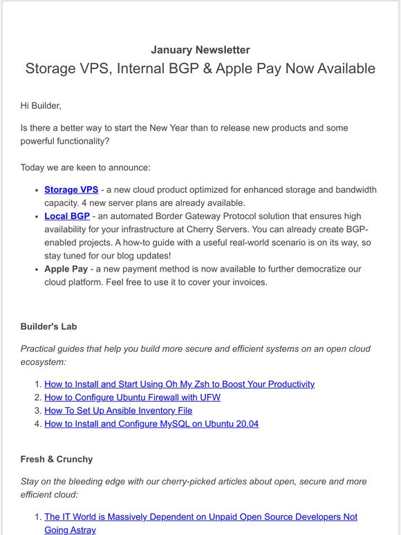Your Cherry News - Storage VPS, Internal BGP & Apple Pay