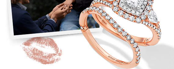 Photo of a proposal and a rose gold and diamond bridal ring set