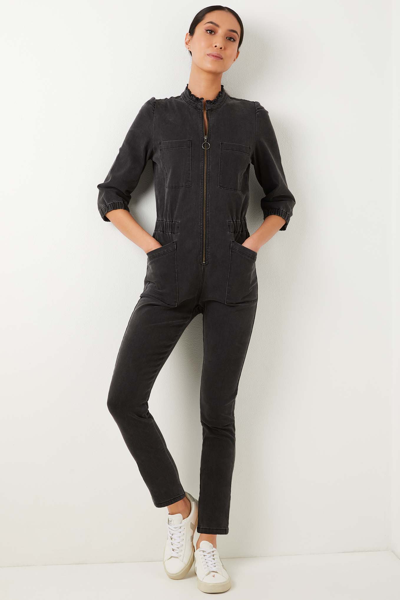Zoe Zip Through Boiler Suit - Washed Black - Longer Length