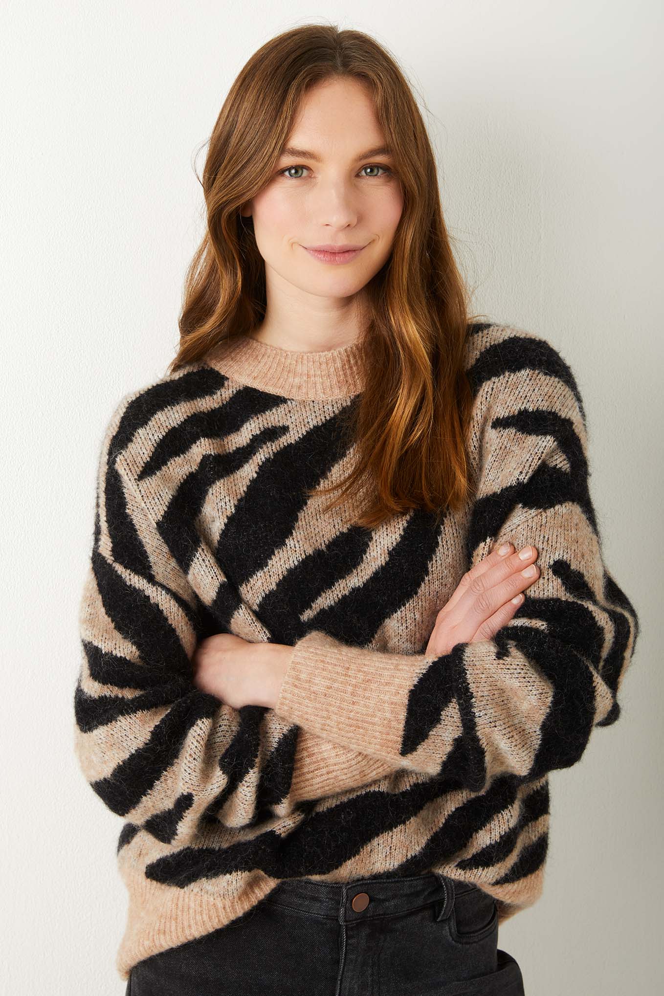 Aria Zebra Intarsia Jumper - Taupe/Black